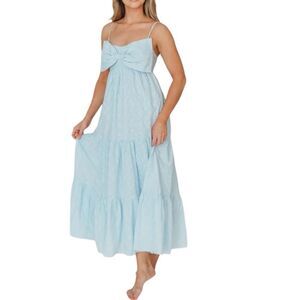 Storia Baby Blue Cotton Maxi Dress Bow Detail Tiered Skirt Size Large (10/12)